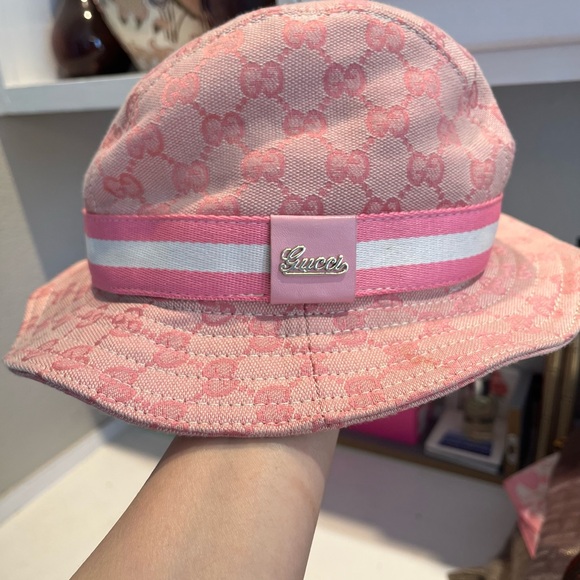 Gucci Accessories - Gucci Pink Monogram Bucket Hat with Striped Band